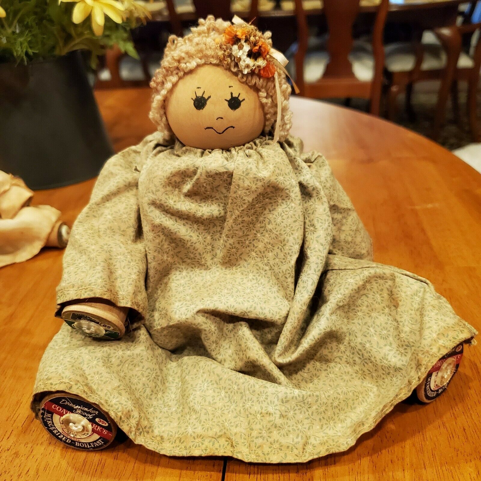 Antique Doll Made Of Wooden Spools