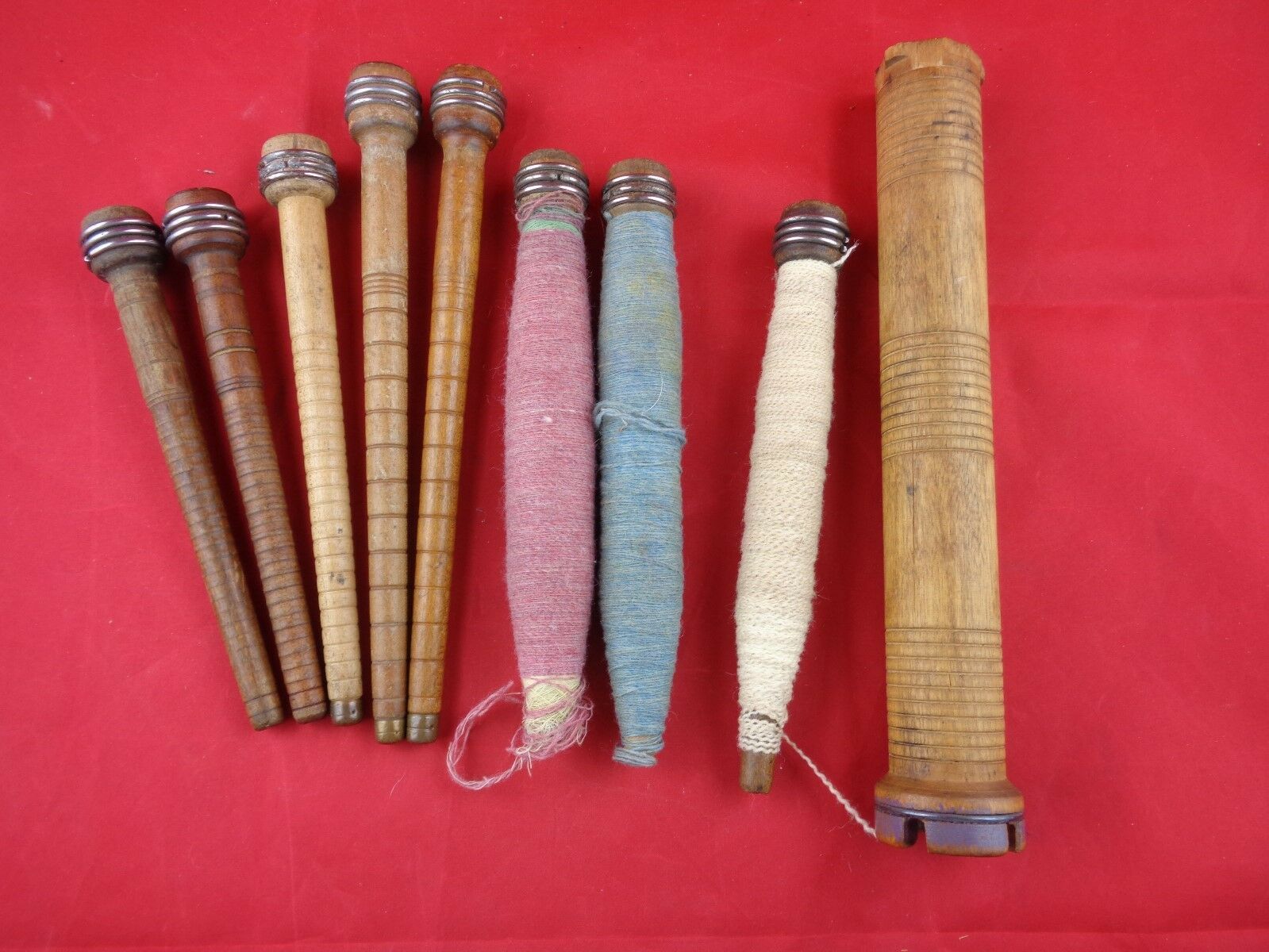 Vintage Wood Textile Sewing Bobbins Spindles Spools With Thread Yarn Lot Of 9